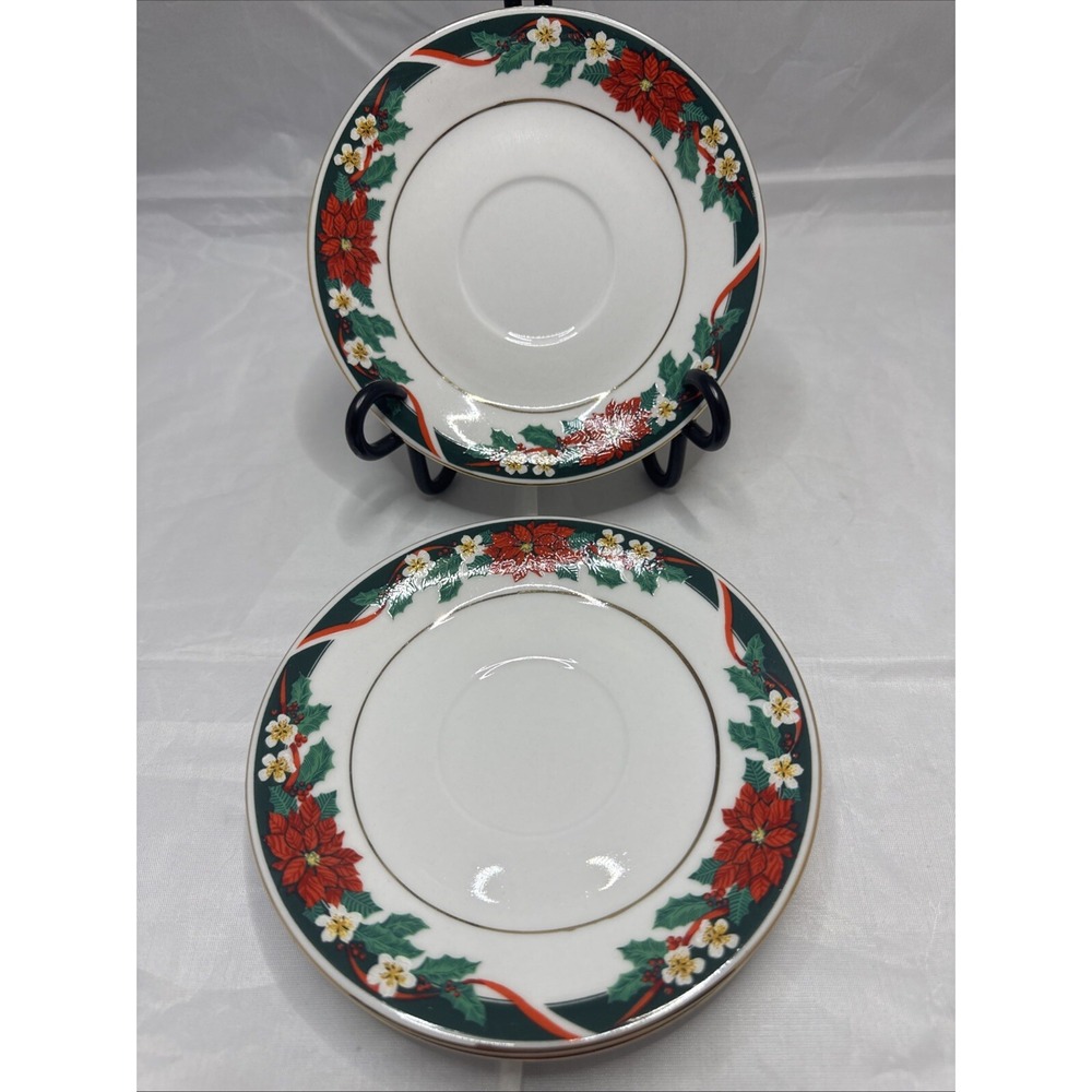 DECK THE HALLS Tienshan Christmas Poinsettias‎ Holly Red Ribbons 4 Plates 6"